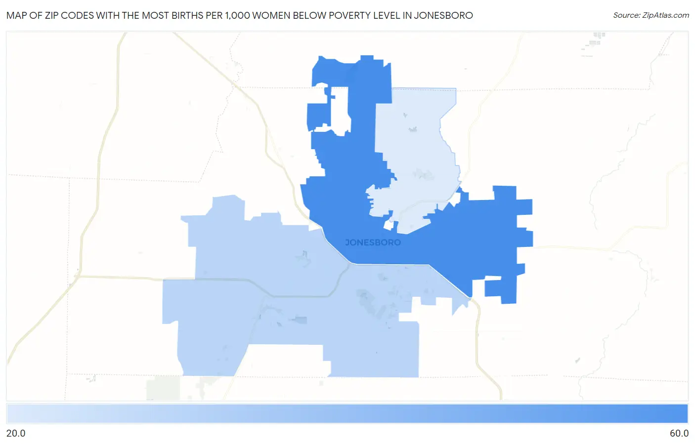 Zip Codes with the Most Births per 1,000 Women Below Poverty Level in Jonesboro Map
