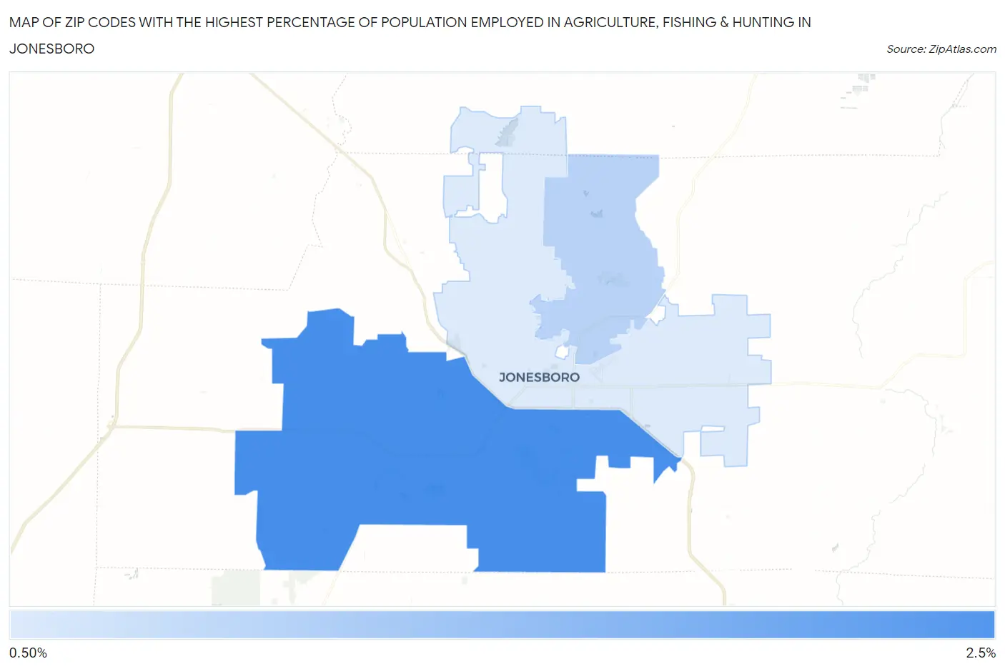 Zip Codes with the Highest Percentage of Population Employed in Agriculture, Fishing & Hunting in Jonesboro Map