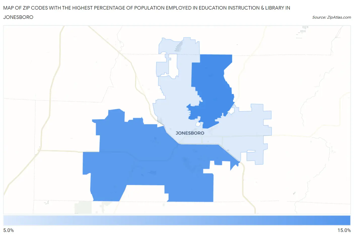 Zip Codes with the Highest Percentage of Population Employed in Education Instruction & Library in Jonesboro Map