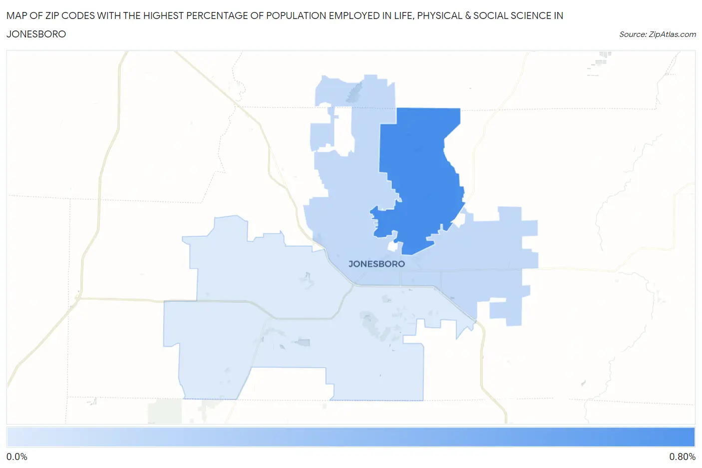 Zip Codes with the Highest Percentage of Population Employed in Life, Physical & Social Science in Jonesboro Map