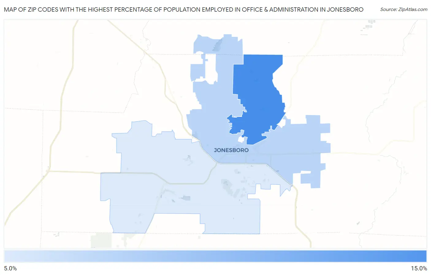 Zip Codes with the Highest Percentage of Population Employed in Office & Administration in Jonesboro Map