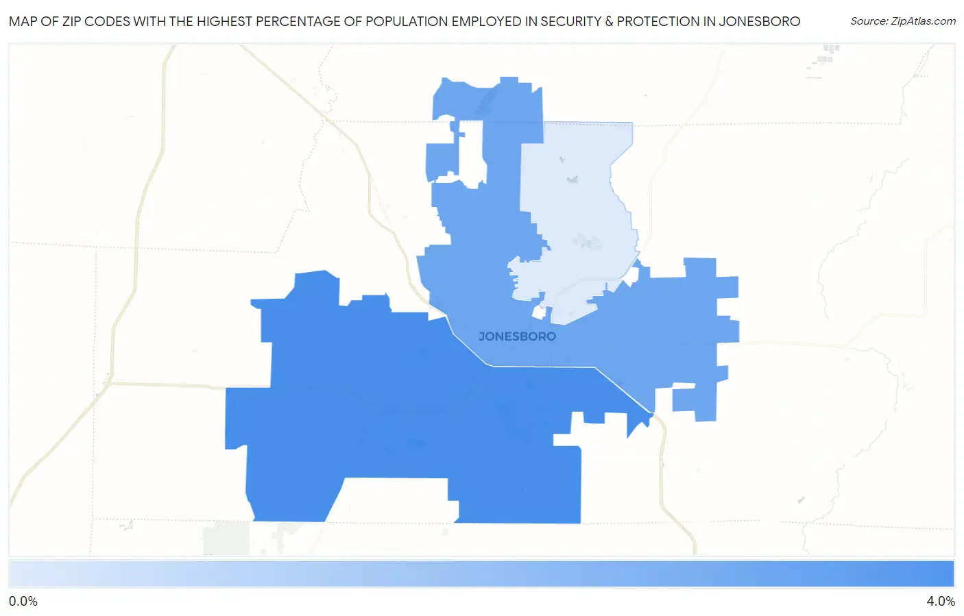 Zip Codes with the Highest Percentage of Population Employed in Security & Protection in Jonesboro Map