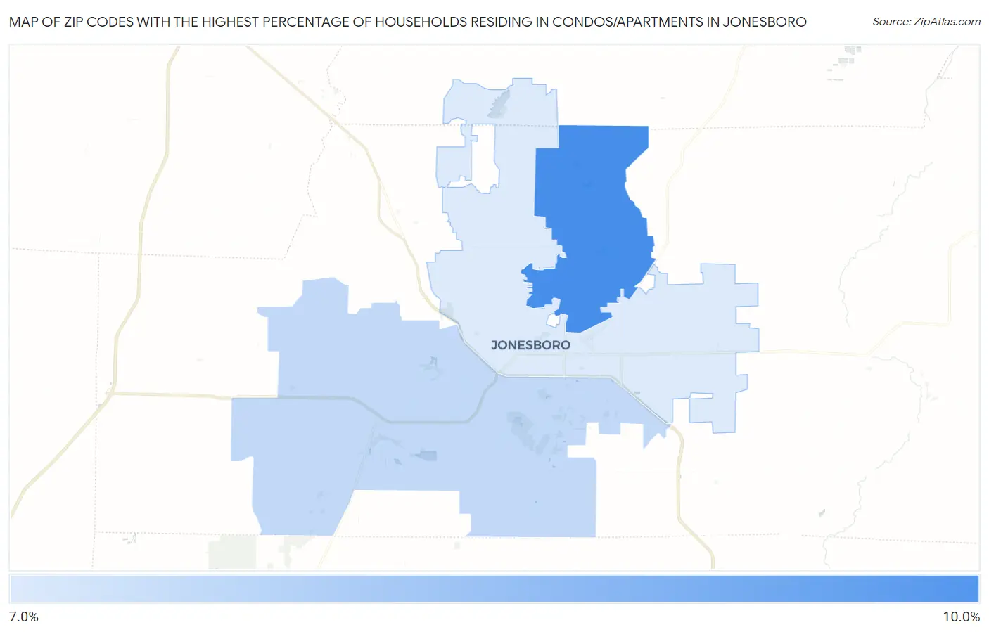 Zip Codes with the Highest Percentage of Households Residing in Condos/Apartments in Jonesboro Map