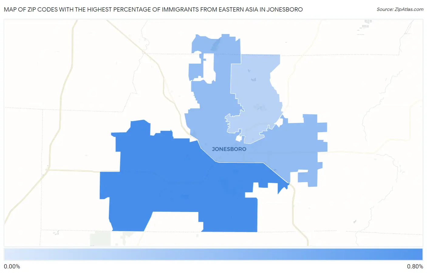 Zip Codes with the Highest Percentage of Immigrants from Eastern Asia in Jonesboro Map