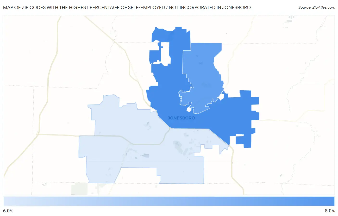 Zip Codes with the Highest Percentage of Self-Employed / Not Incorporated in Jonesboro Map