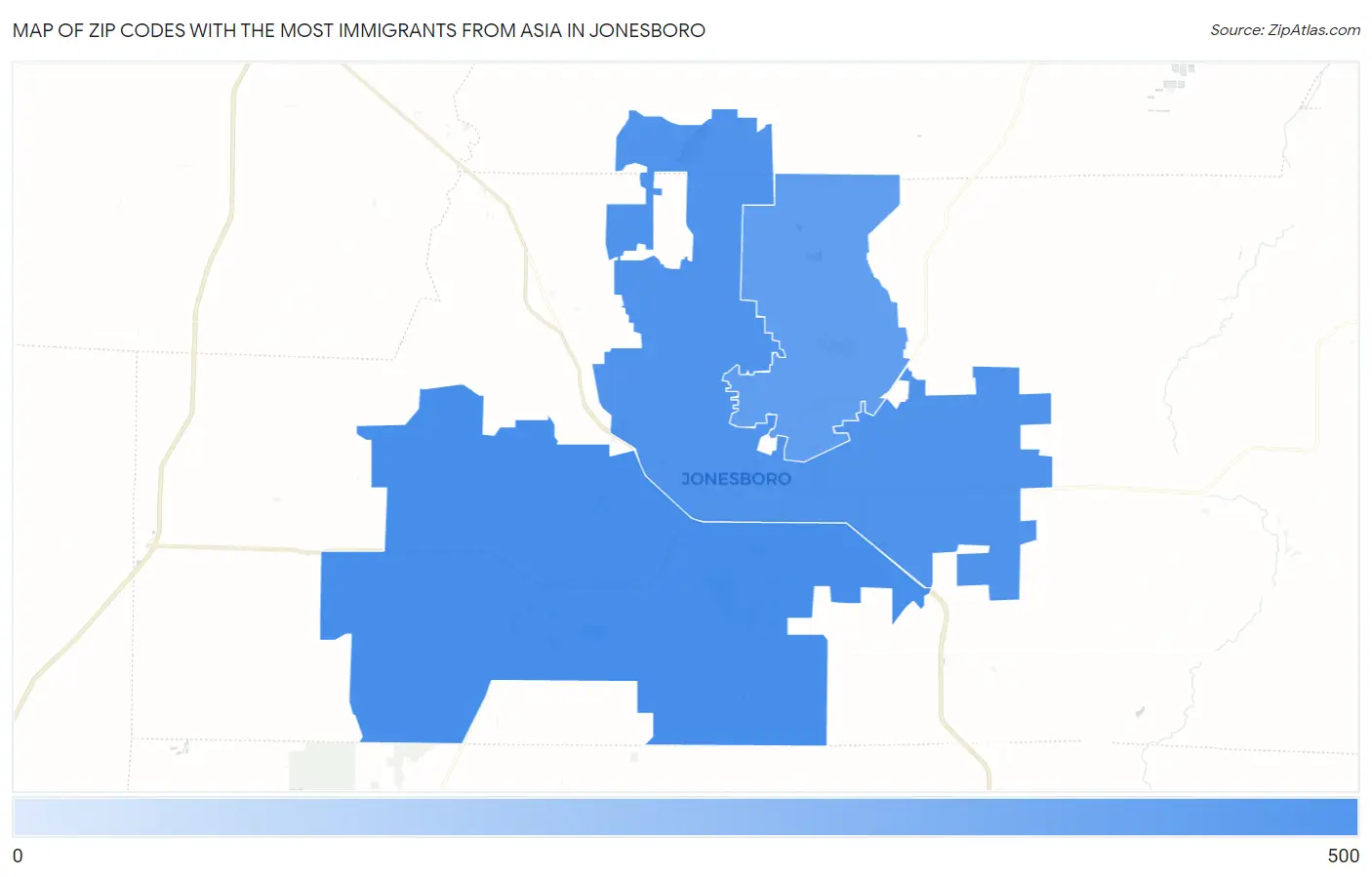 Zip Codes with the Most Immigrants from Asia in Jonesboro Map