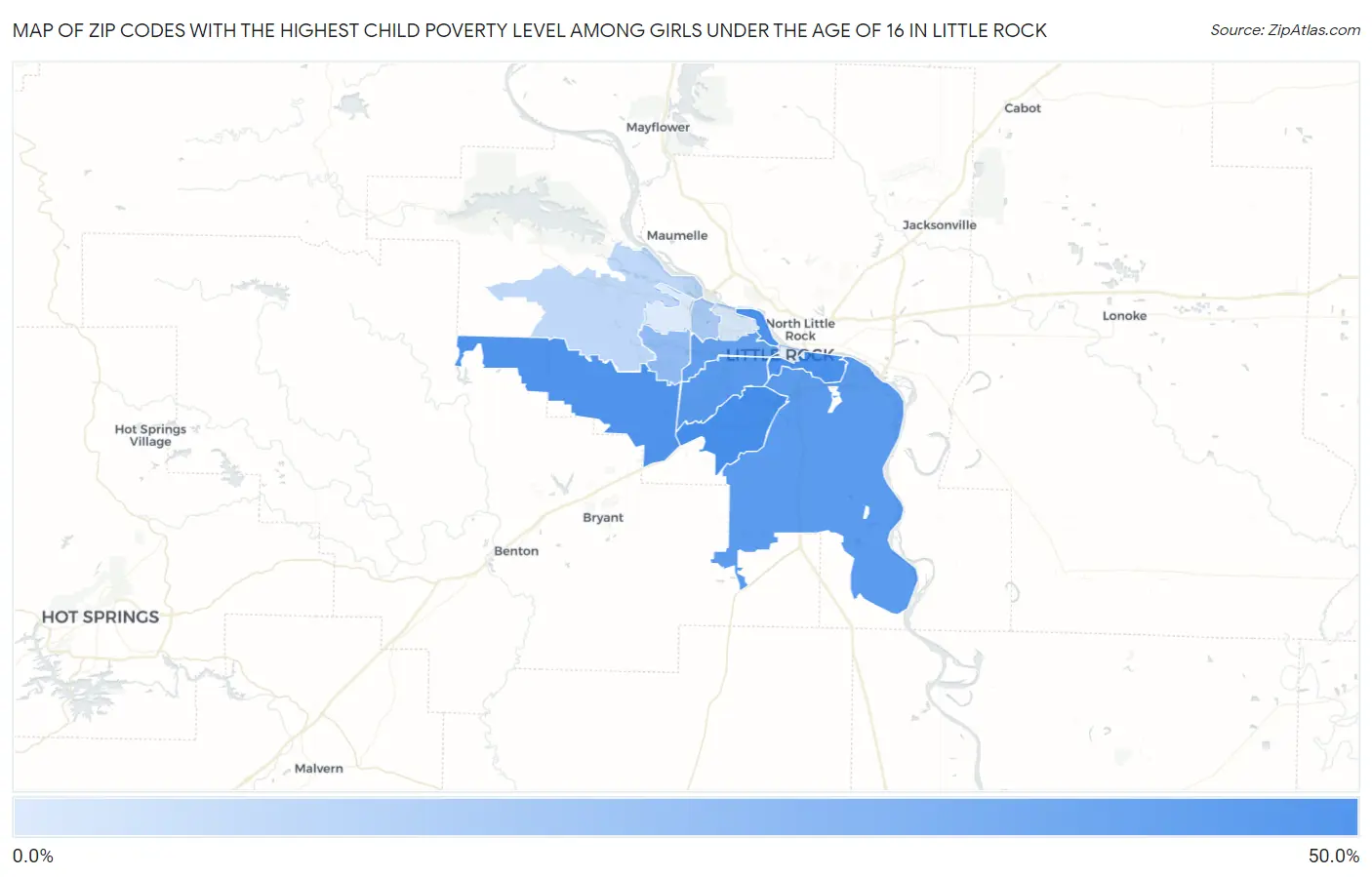 Zip Codes with the Highest Child Poverty Level Among Girls Under the Age of 16 in Little Rock Map
