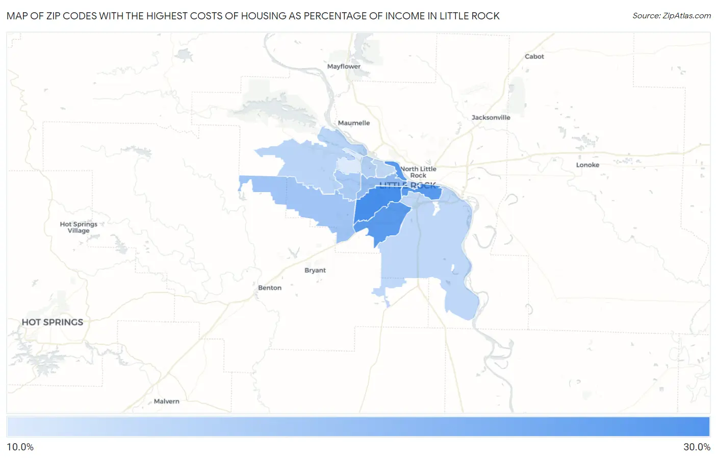 Zip Codes with the Highest Costs of Housing as Percentage of Income in Little Rock Map
