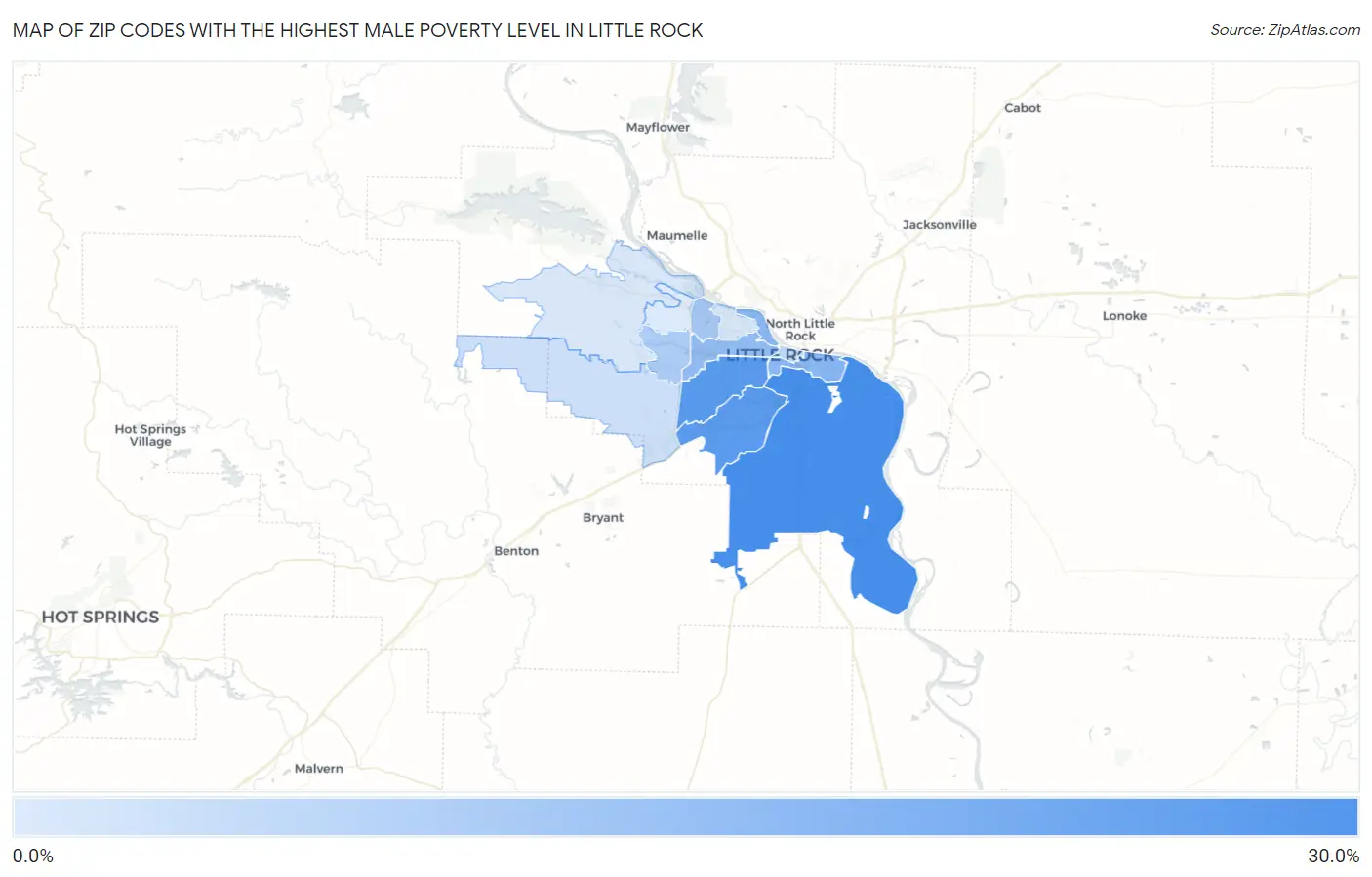 Zip Codes with the Highest Male Poverty Level in Little Rock Map