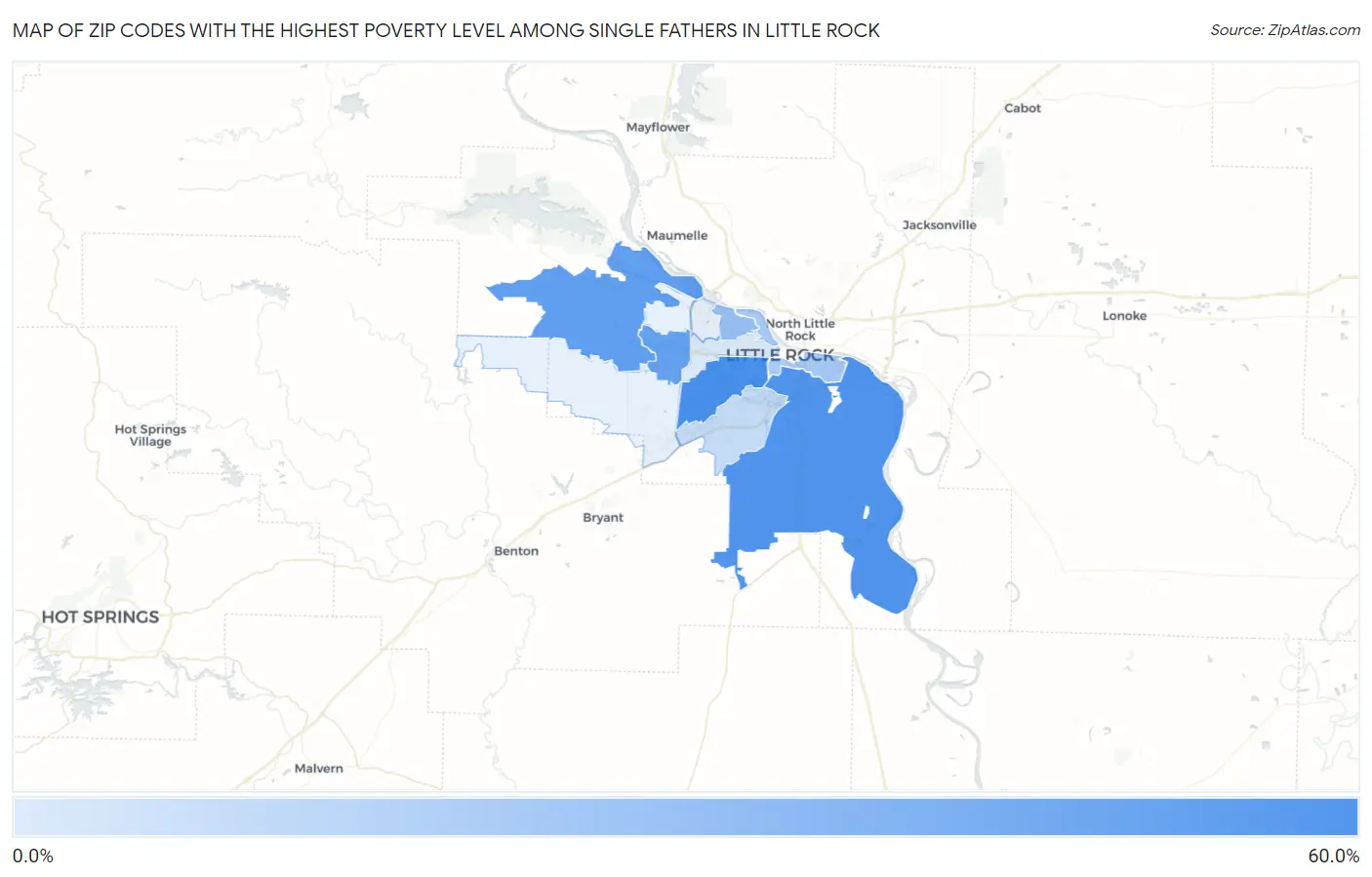 Zip Codes with the Highest Poverty Level Among Single Fathers in Little Rock Map