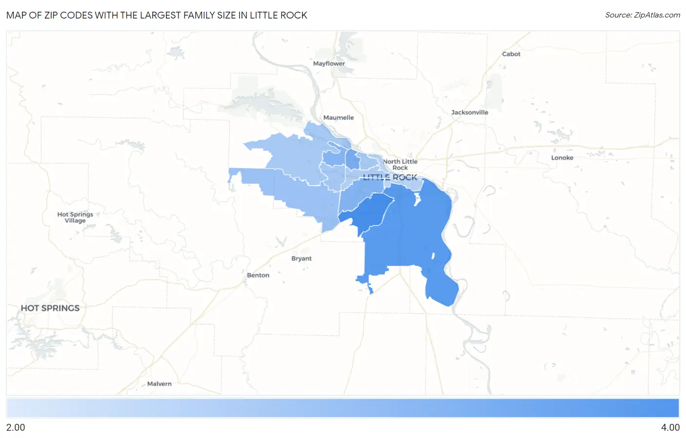 Zip Codes with the Largest Family Size in Little Rock Map