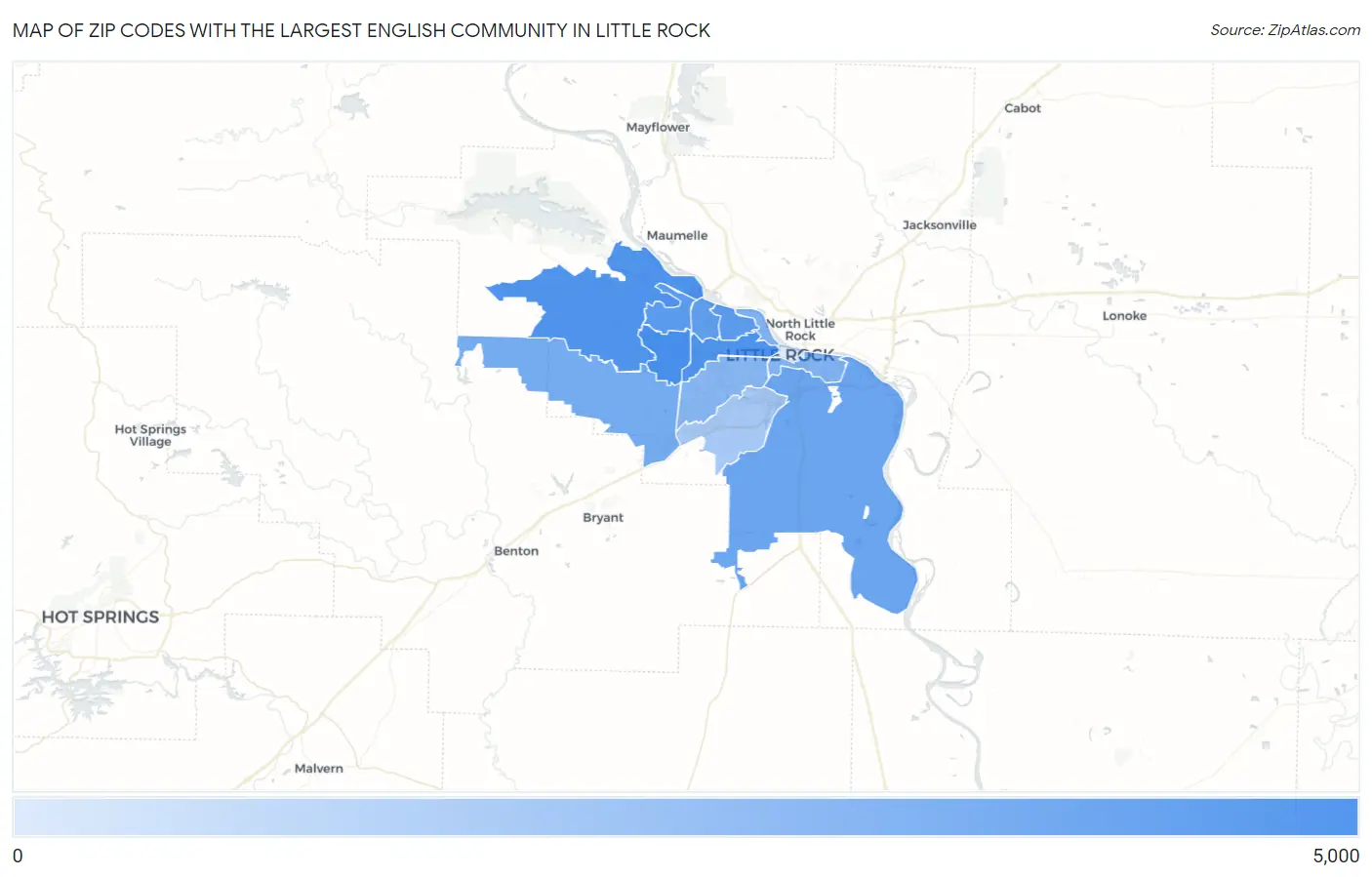 Zip Codes with the Largest English Community in Little Rock Map