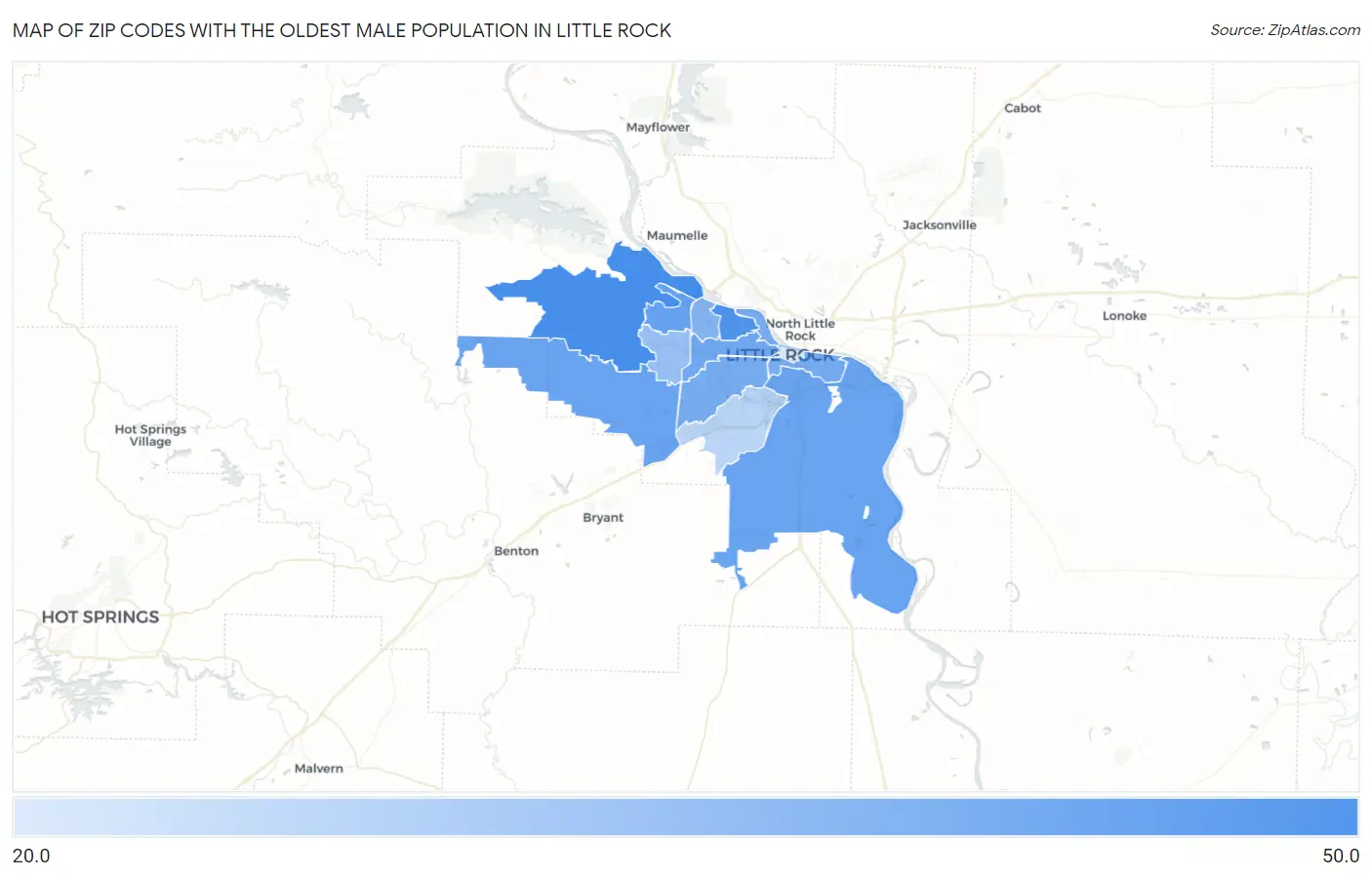 Zip Codes with the Oldest Male Population in Little Rock Map