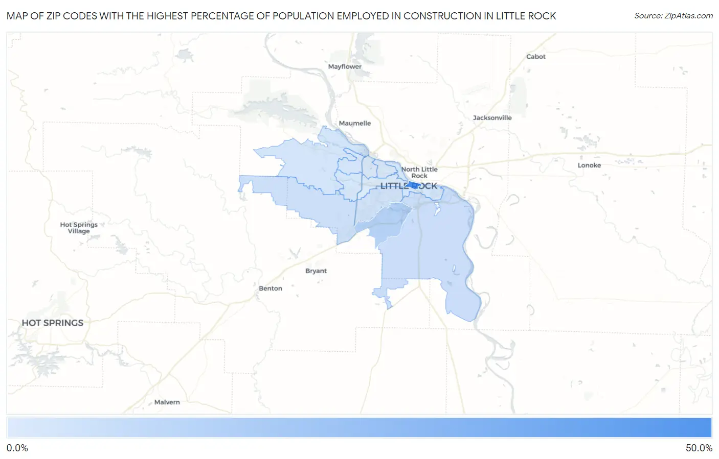 Zip Codes with the Highest Percentage of Population Employed in Construction in Little Rock Map