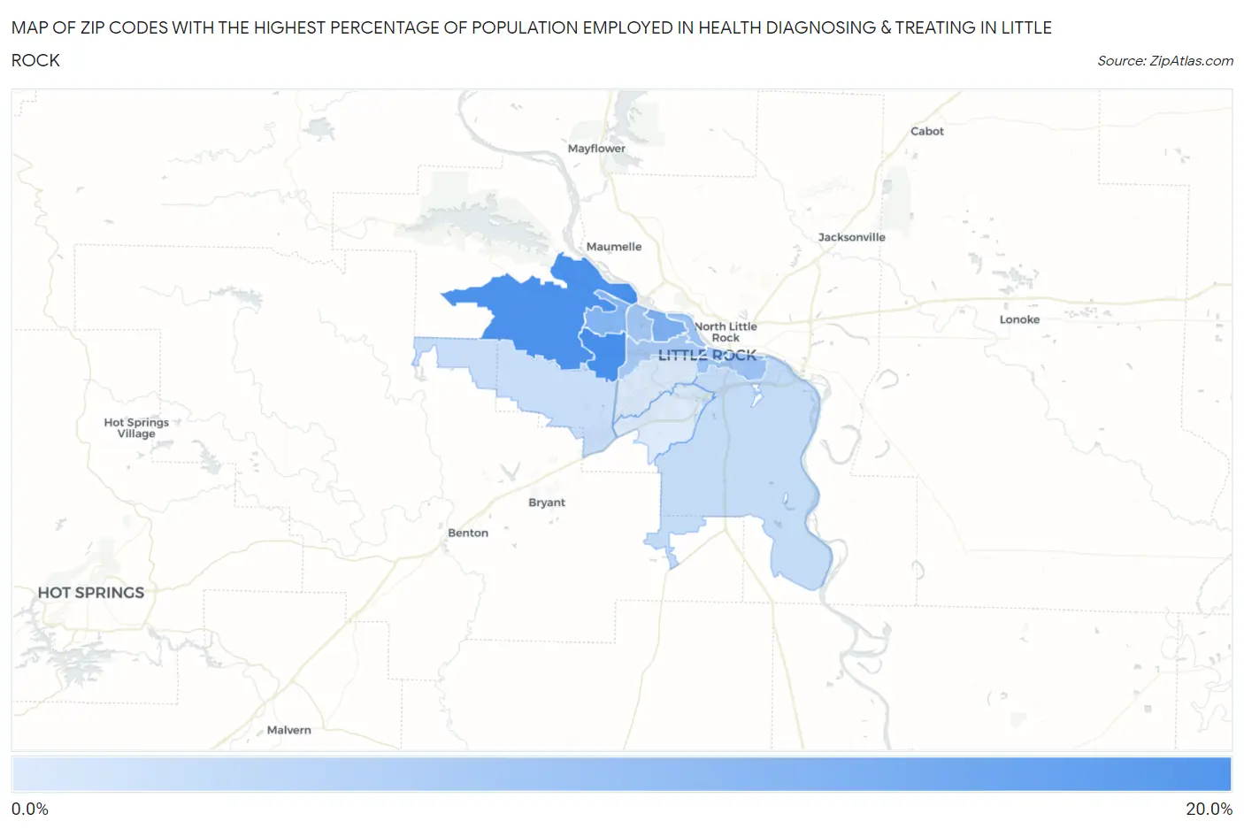 Zip Codes with the Highest Percentage of Population Employed in Health Diagnosing & Treating in Little Rock Map