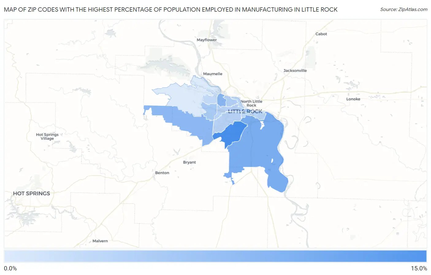 Zip Codes with the Highest Percentage of Population Employed in Manufacturing in Little Rock Map