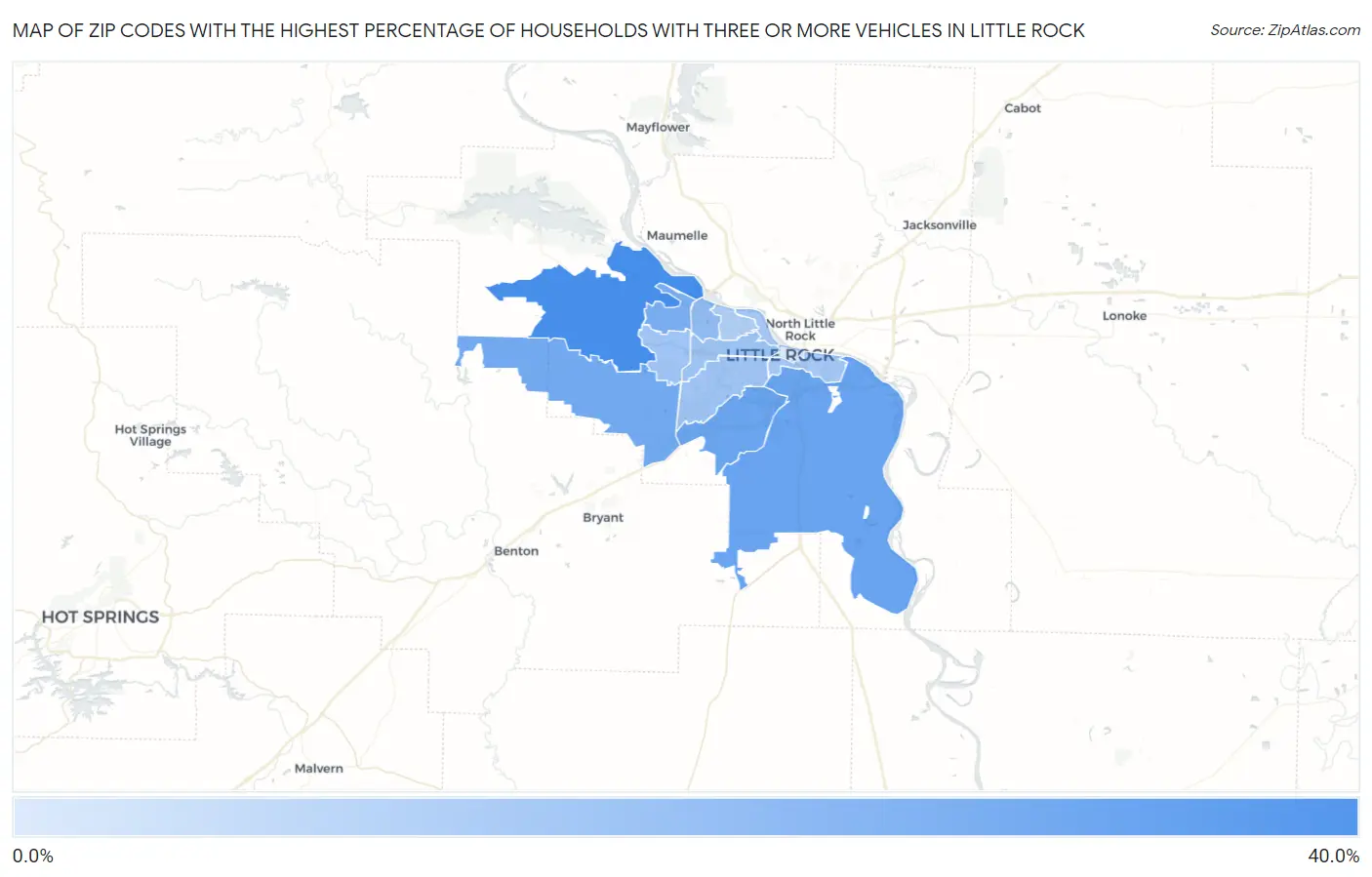 Zip Codes with the Highest Percentage of Households With Three or more Vehicles in Little Rock Map