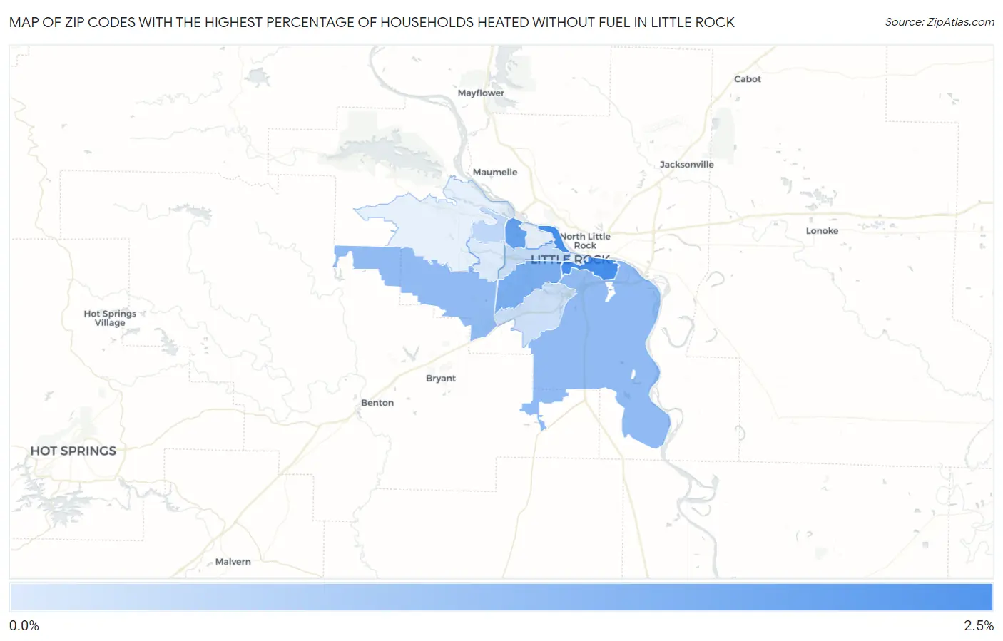 Zip Codes with the Highest Percentage of Households Heated without Fuel in Little Rock Map