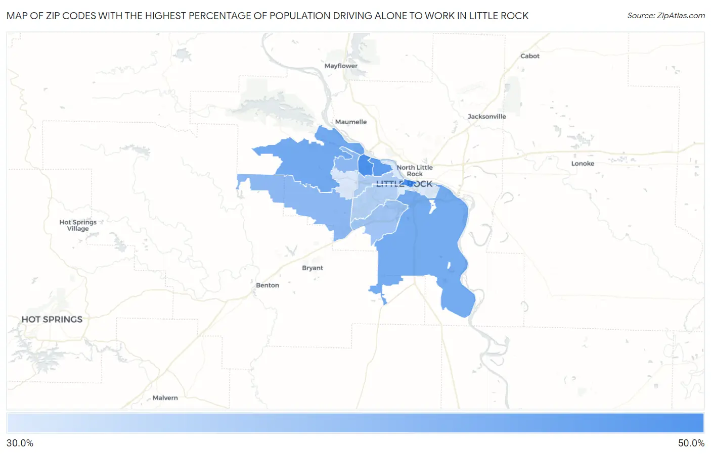 Zip Codes with the Highest Percentage of Population Driving Alone to Work in Little Rock Map