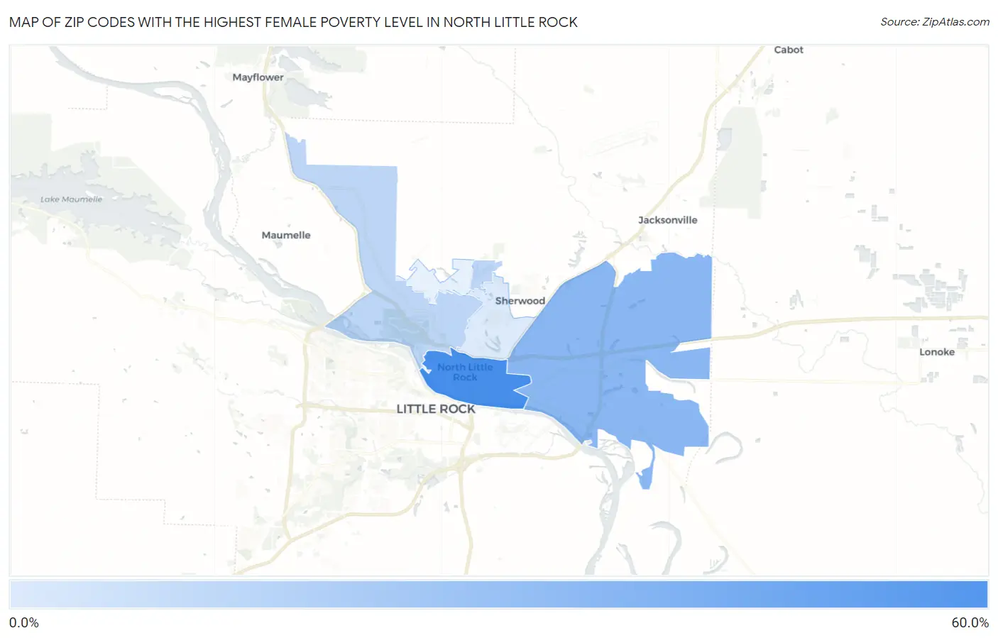Zip Codes with the Highest Female Poverty Level in North Little Rock Map