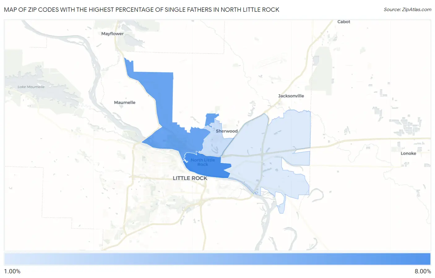 Zip Codes with the Highest Percentage of Single Fathers in North Little Rock Map