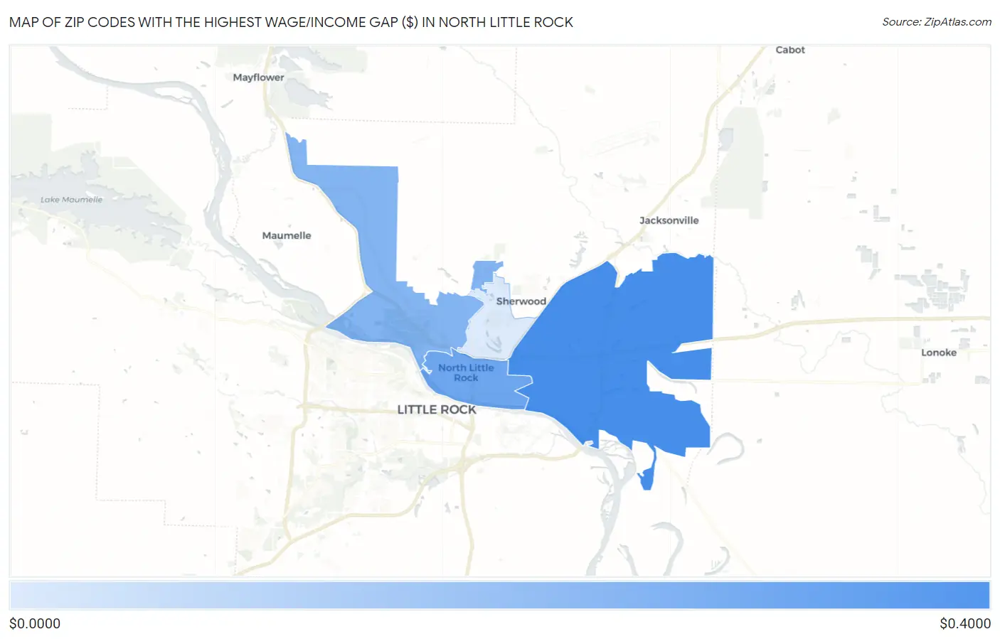 Zip Codes with the Highest Wage/Income Gap ($) in North Little Rock Map