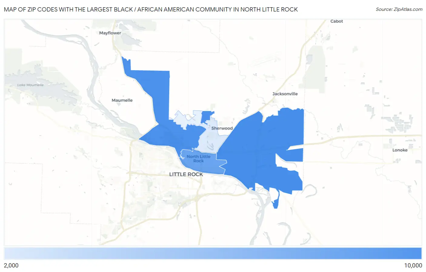 Zip Codes with the Largest Black / African American Community in North Little Rock Map