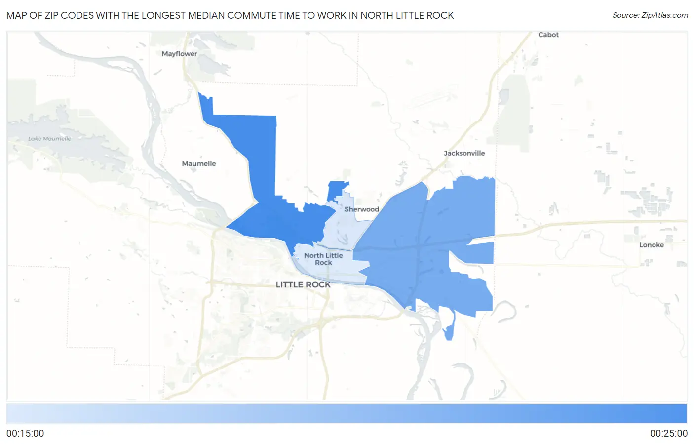 Zip Codes with the Longest Median Commute Time to Work in North Little Rock Map