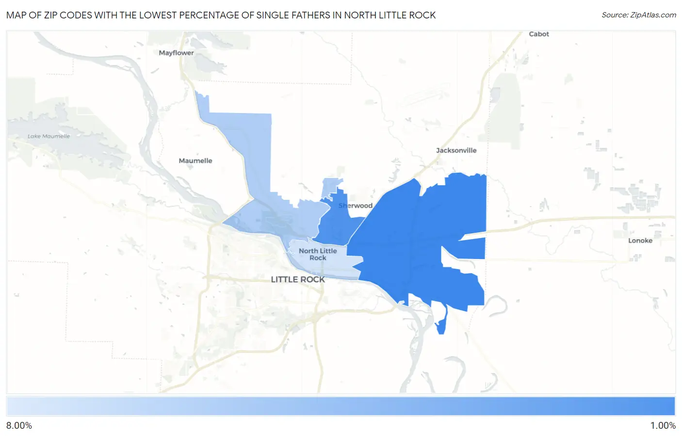 Zip Codes with the Lowest Percentage of Single Fathers in North Little Rock Map