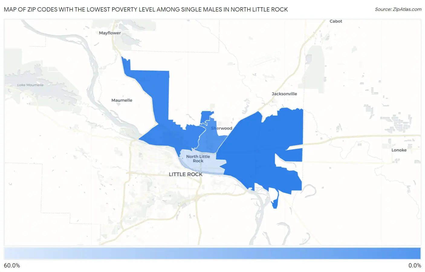 Zip Codes with the Lowest Poverty Level Among Single Males in North Little Rock Map