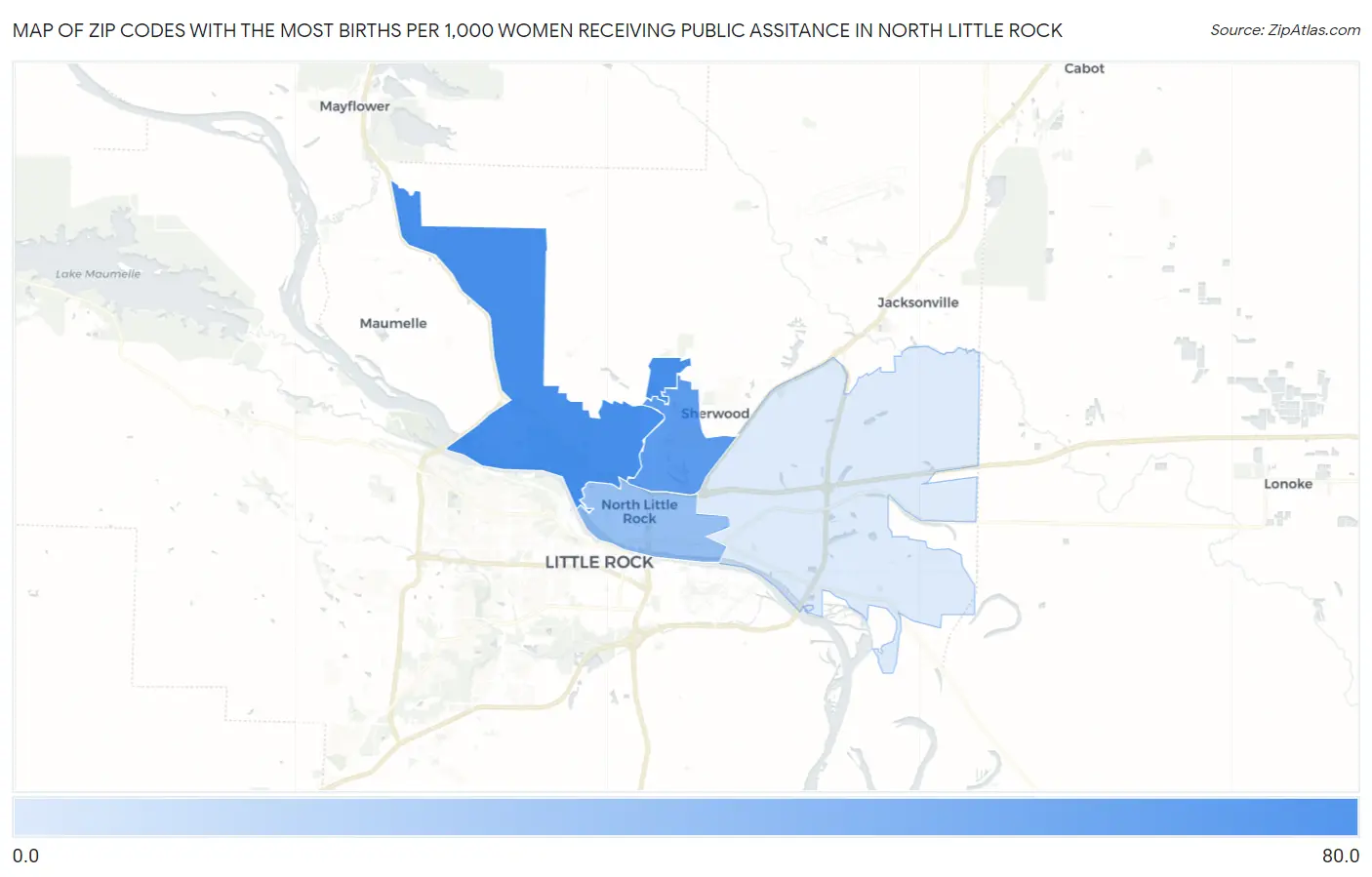 Zip Codes with the Most Births per 1,000 Women Receiving Public Assitance in North Little Rock Map