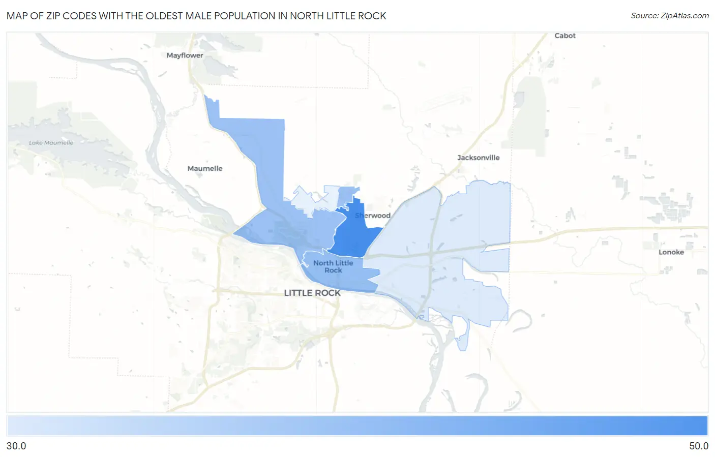 Zip Codes with the Oldest Male Population in North Little Rock Map