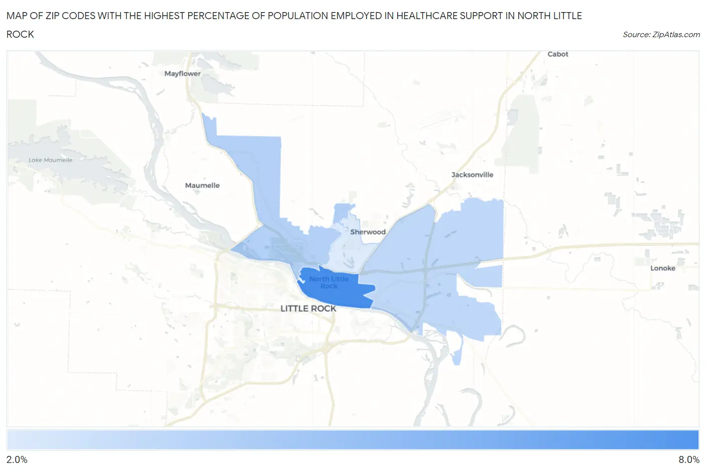 Zip Codes with the Highest Percentage of Population Employed in Healthcare Support in North Little Rock Map