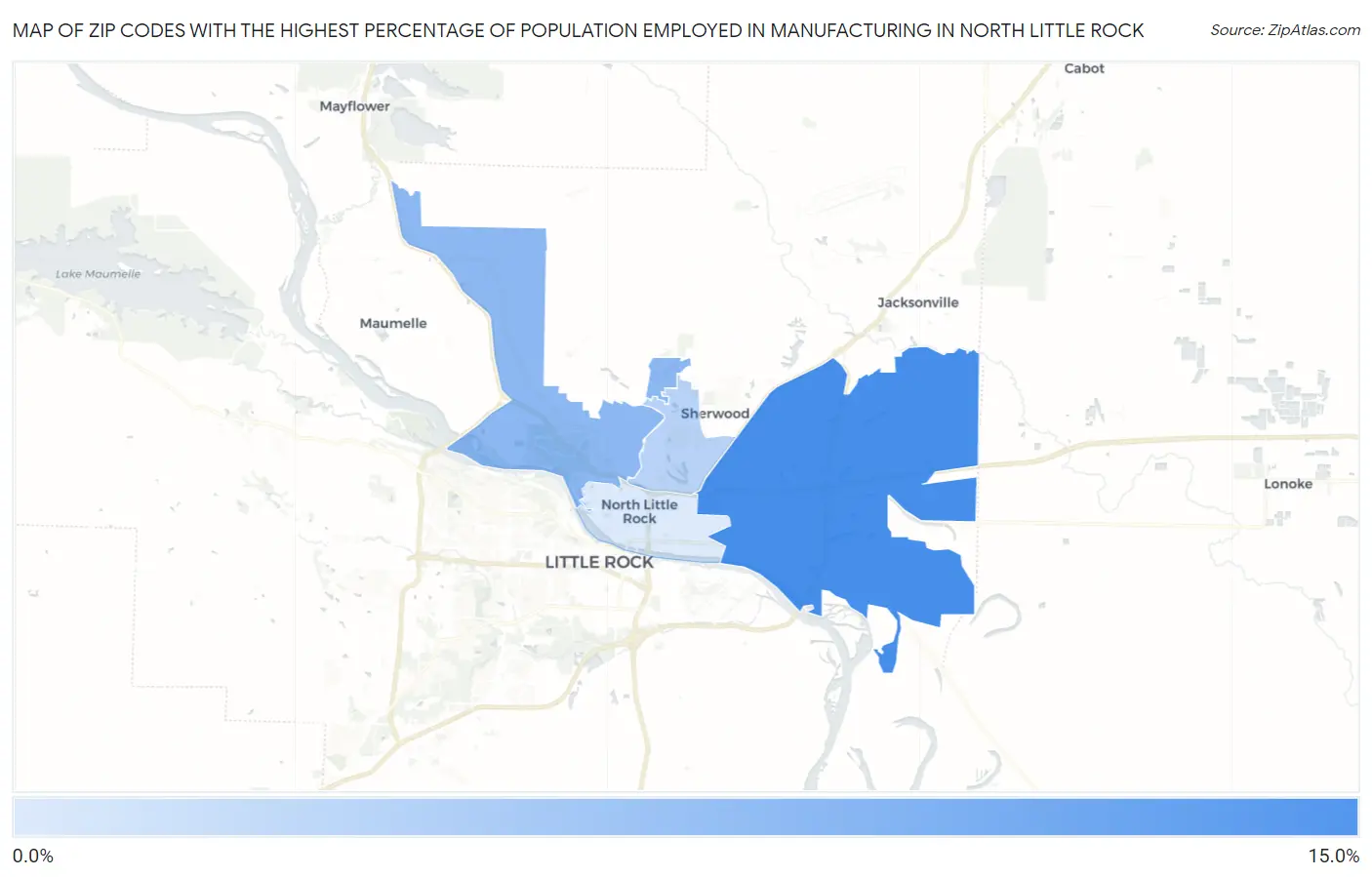 Zip Codes with the Highest Percentage of Population Employed in Manufacturing in North Little Rock Map