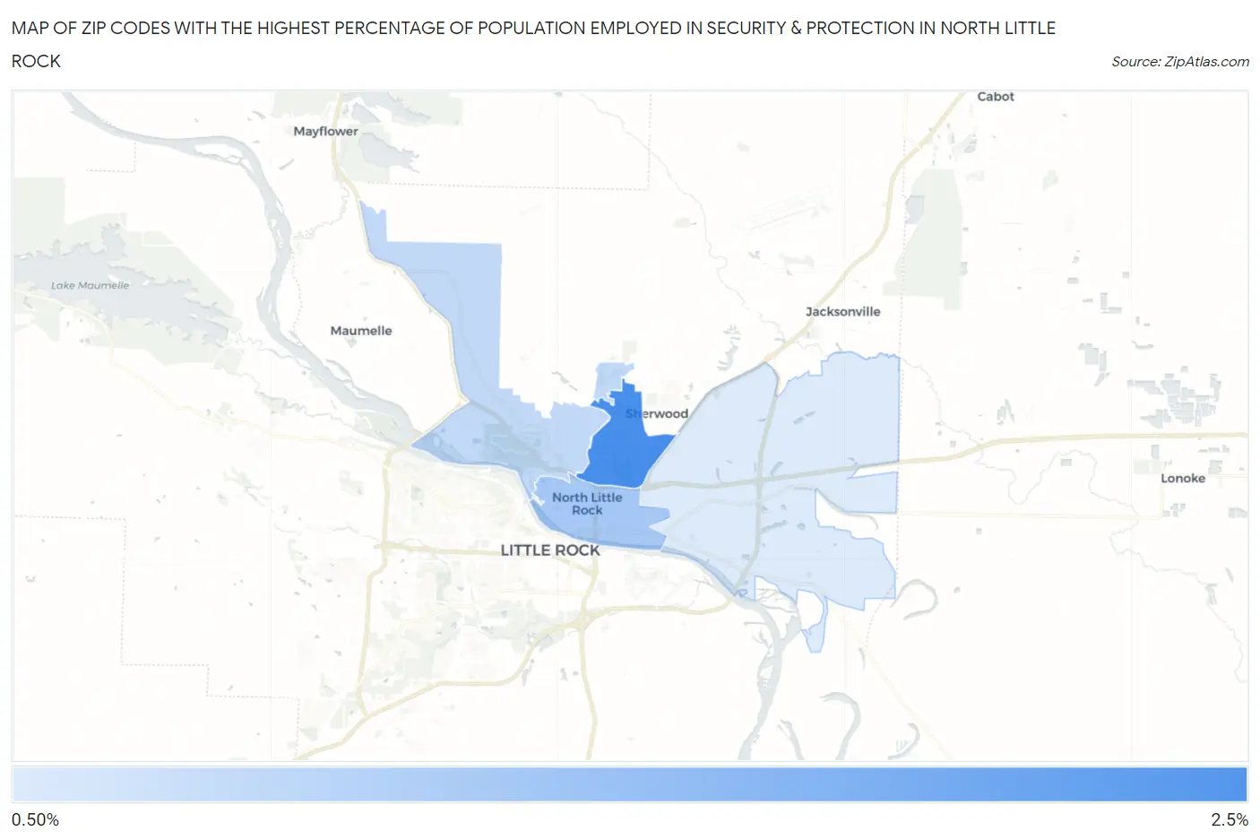 Zip Codes with the Highest Percentage of Population Employed in Security & Protection in North Little Rock Map