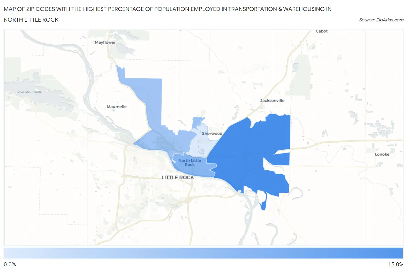 Zip Codes with the Highest Percentage of Population Employed in Transportation & Warehousing in North Little Rock Map