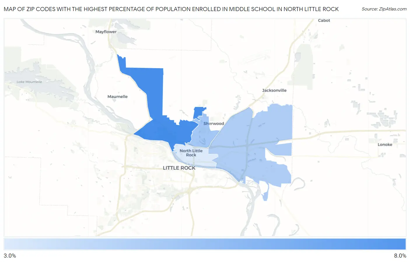Zip Codes with the Highest Percentage of Population Enrolled in Middle School in North Little Rock Map