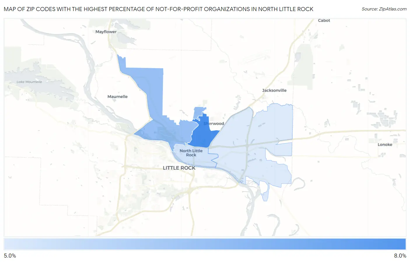 Zip Codes with the Highest Percentage of Not-for-profit Organizations in North Little Rock Map