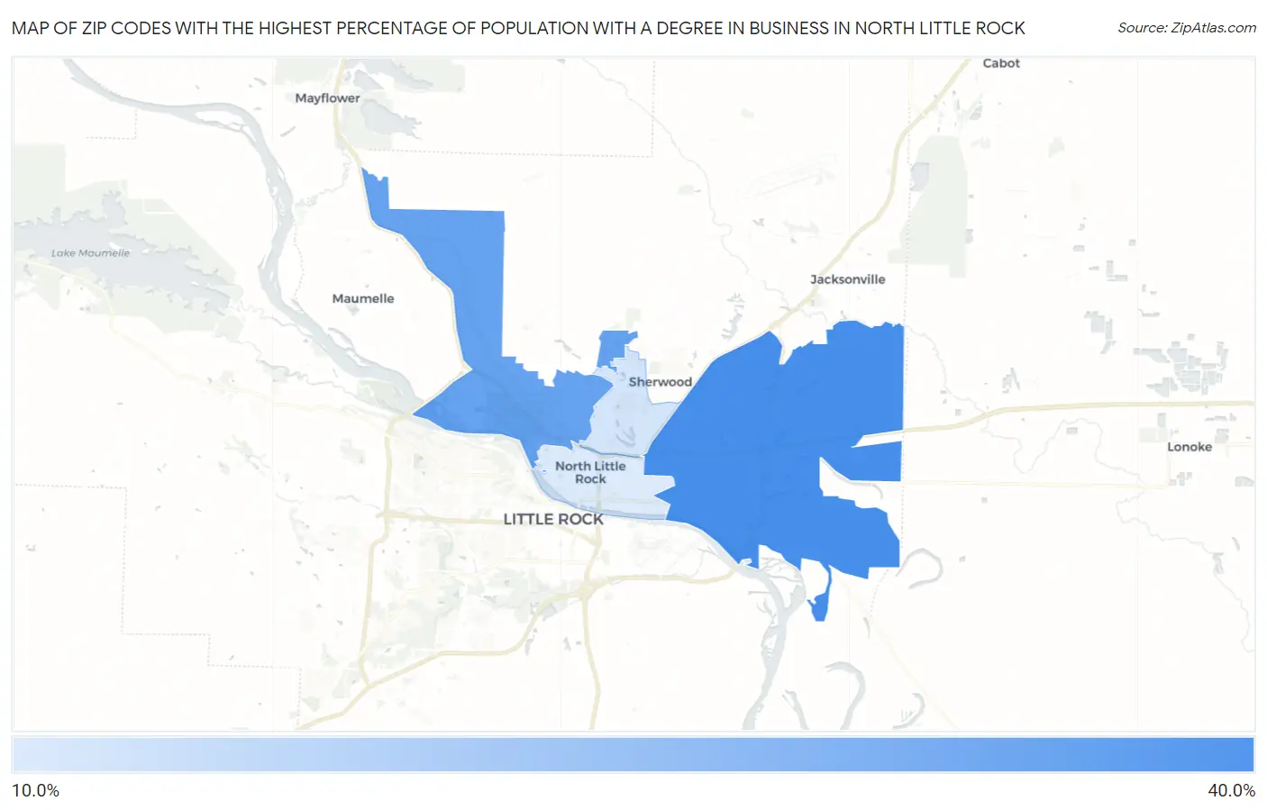 Zip Codes with the Highest Percentage of Population with a Degree in Business in North Little Rock Map