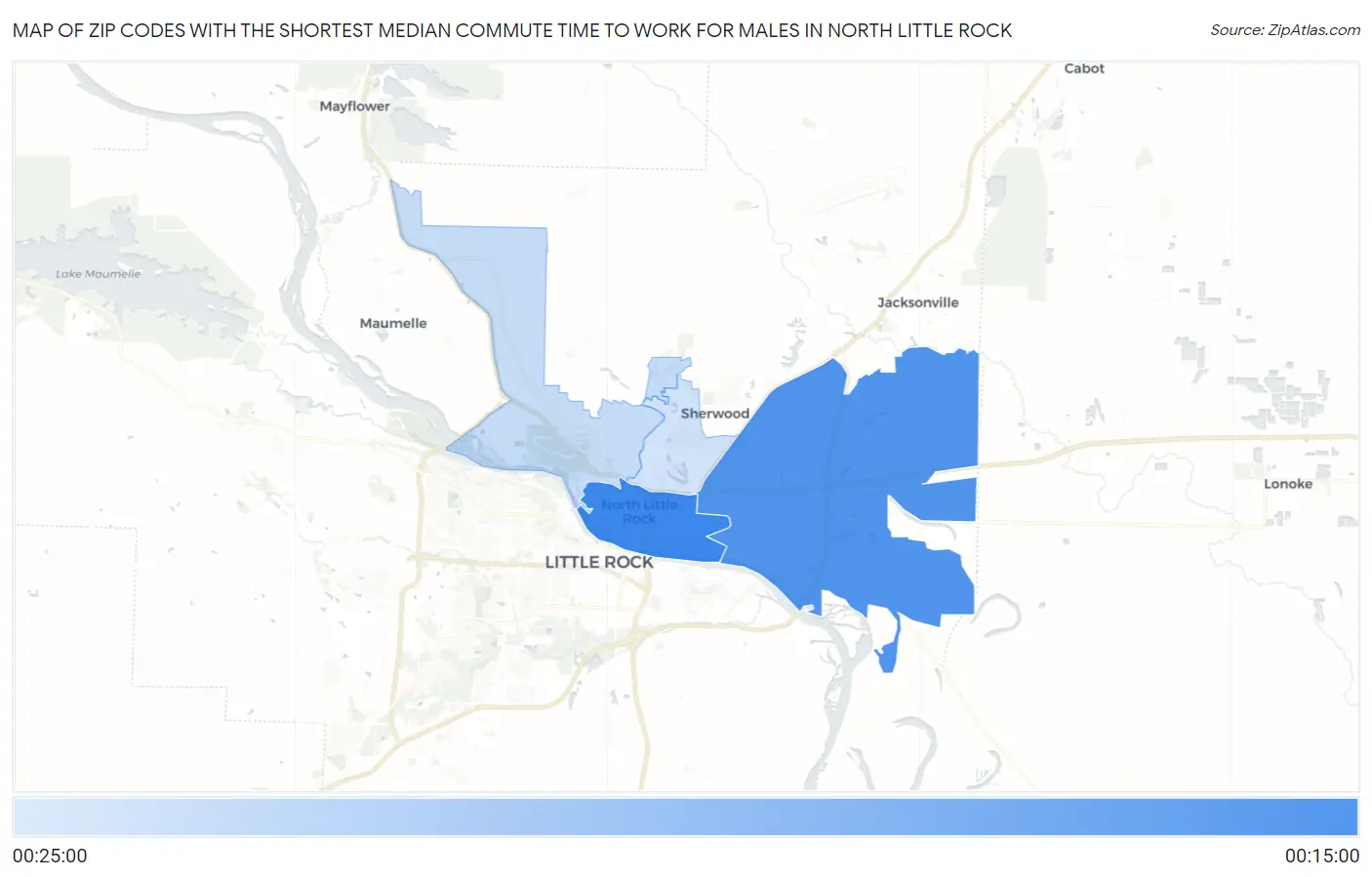 Zip Codes with the Shortest Median Commute Time to Work for Males in North Little Rock Map