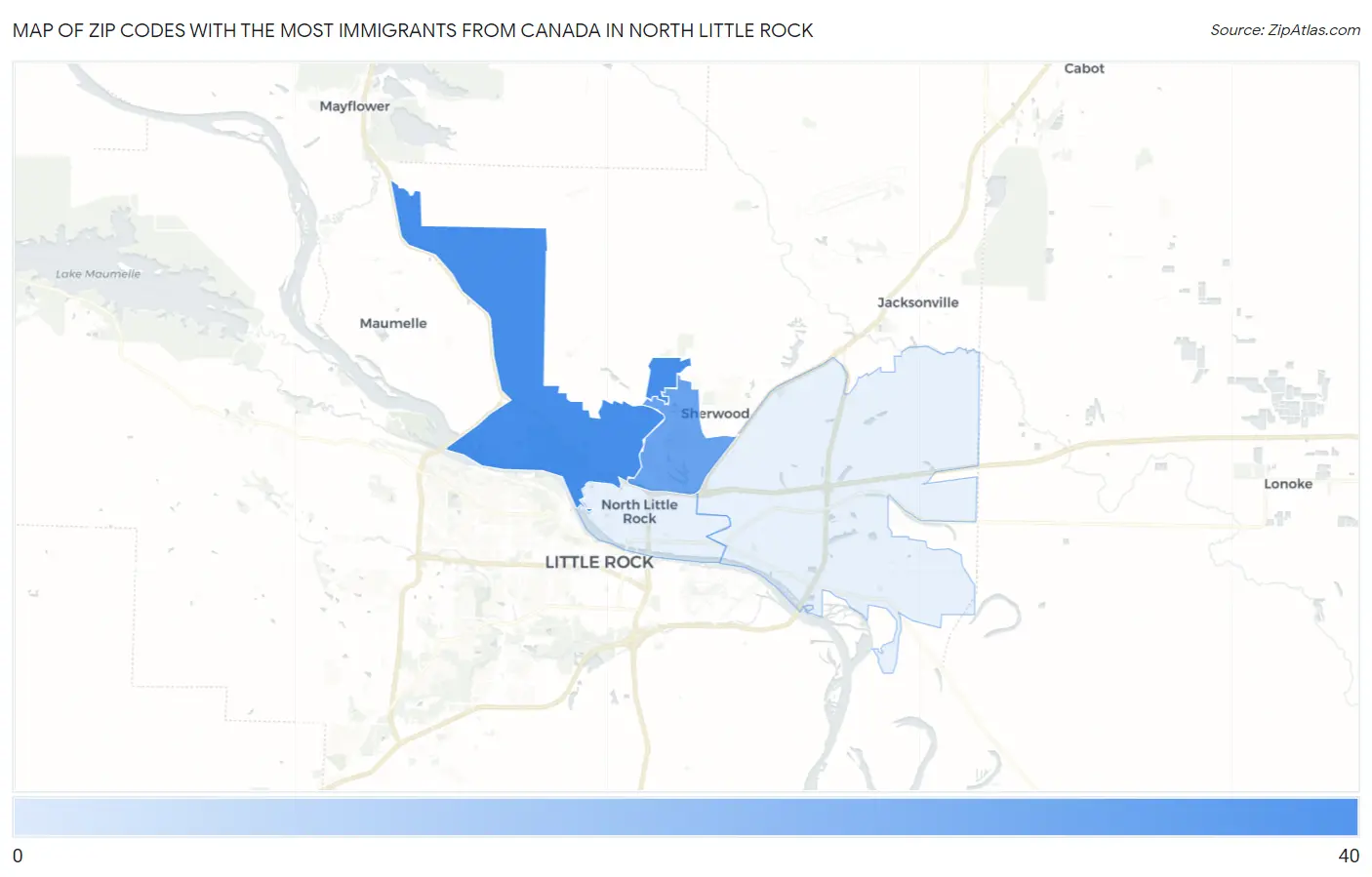 Zip Codes with the Most Immigrants from Canada in North Little Rock Map