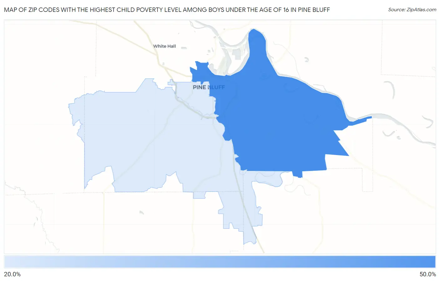 Zip Codes with the Highest Child Poverty Level Among Boys Under the Age of 16 in Pine Bluff Map