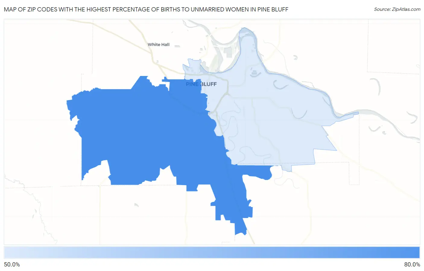 Zip Codes with the Highest Percentage of Births to Unmarried Women in Pine Bluff Map