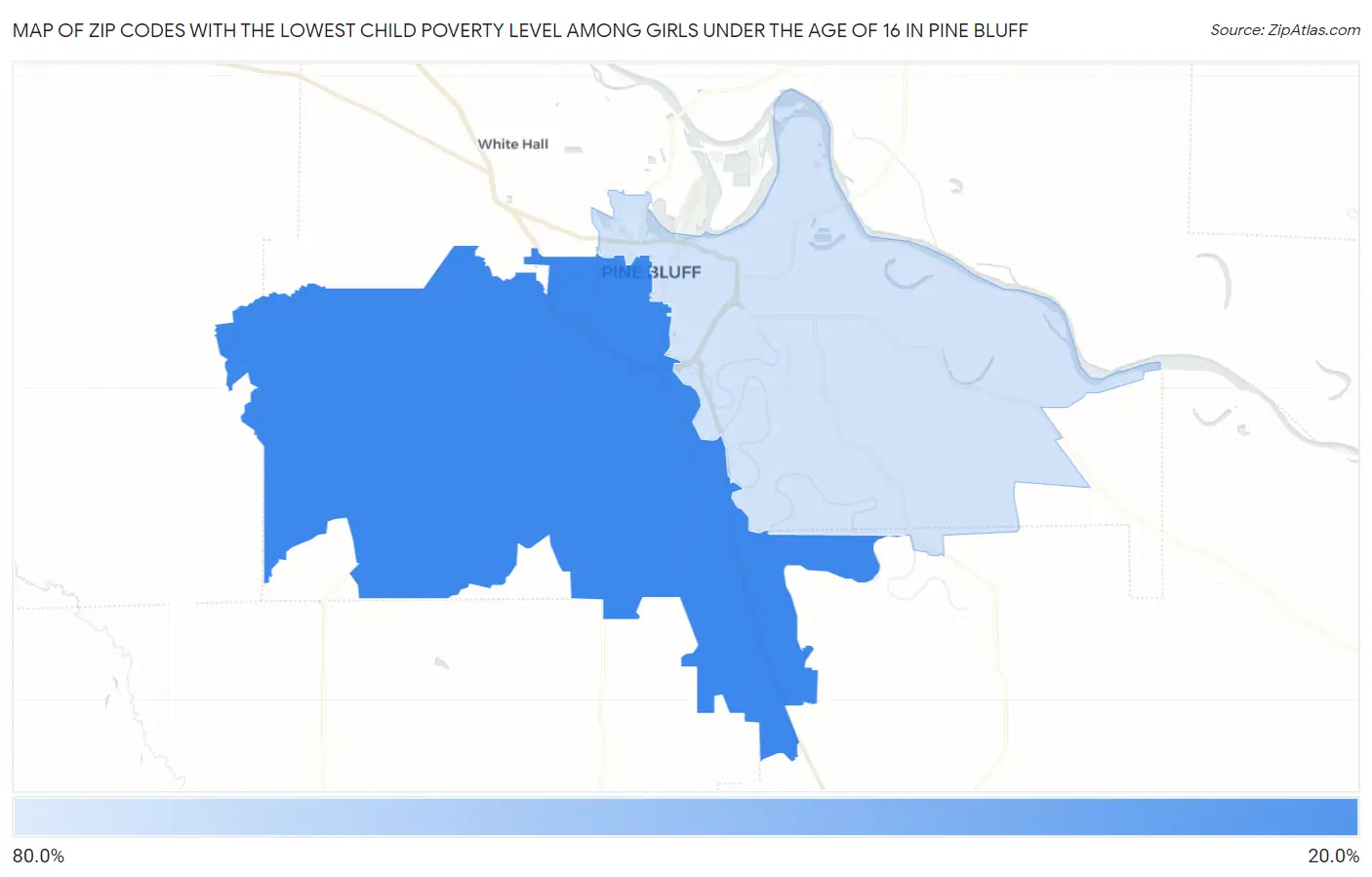 Zip Codes with the Lowest Child Poverty Level Among Girls Under the Age of 16 in Pine Bluff Map