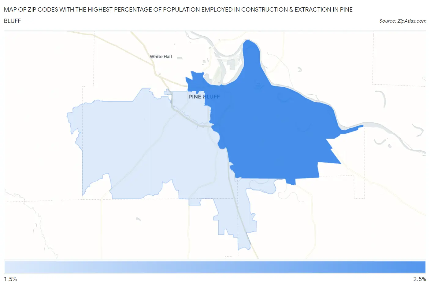 Zip Codes with the Highest Percentage of Population Employed in Construction & Extraction in Pine Bluff Map