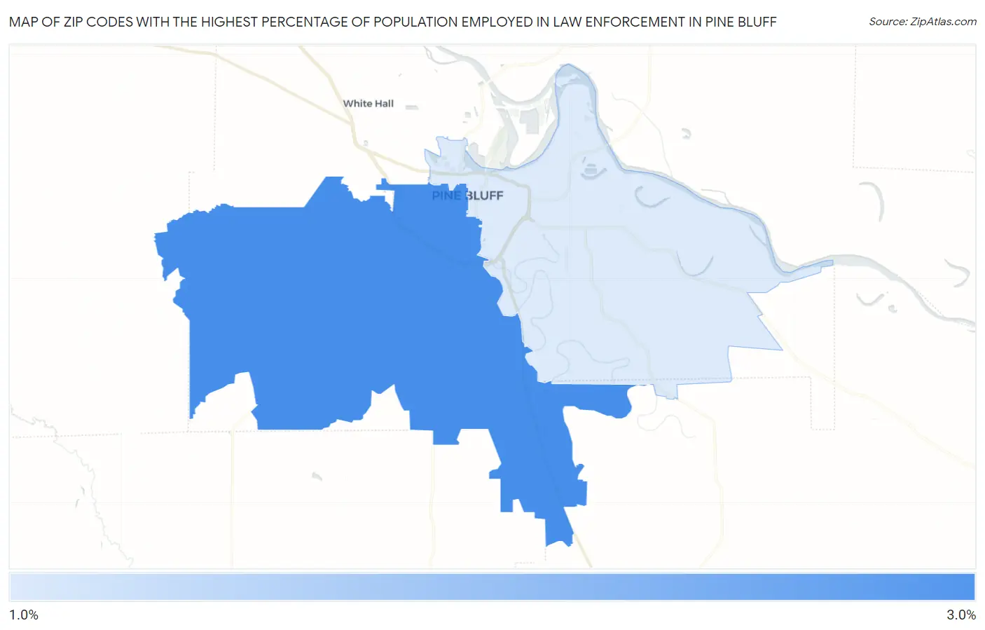 Zip Codes with the Highest Percentage of Population Employed in Law Enforcement in Pine Bluff Map