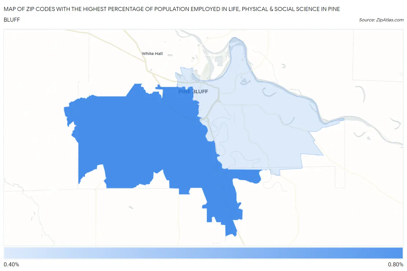 Zip Codes with the Highest Percentage of Population Employed in Life, Physical & Social Science in Pine Bluff Map