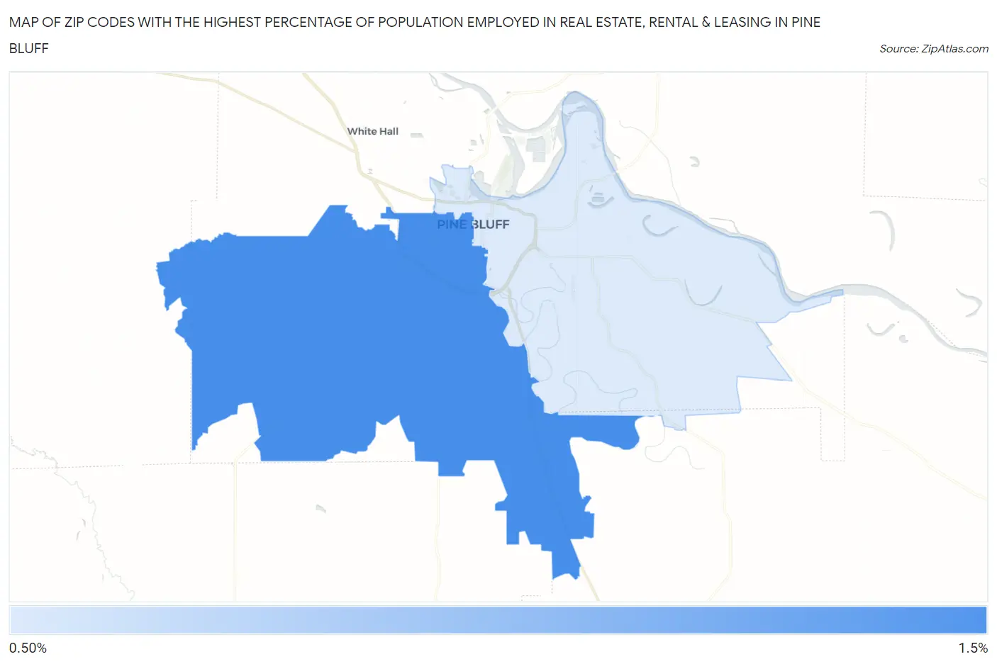 Zip Codes with the Highest Percentage of Population Employed in Real Estate, Rental & Leasing in Pine Bluff Map