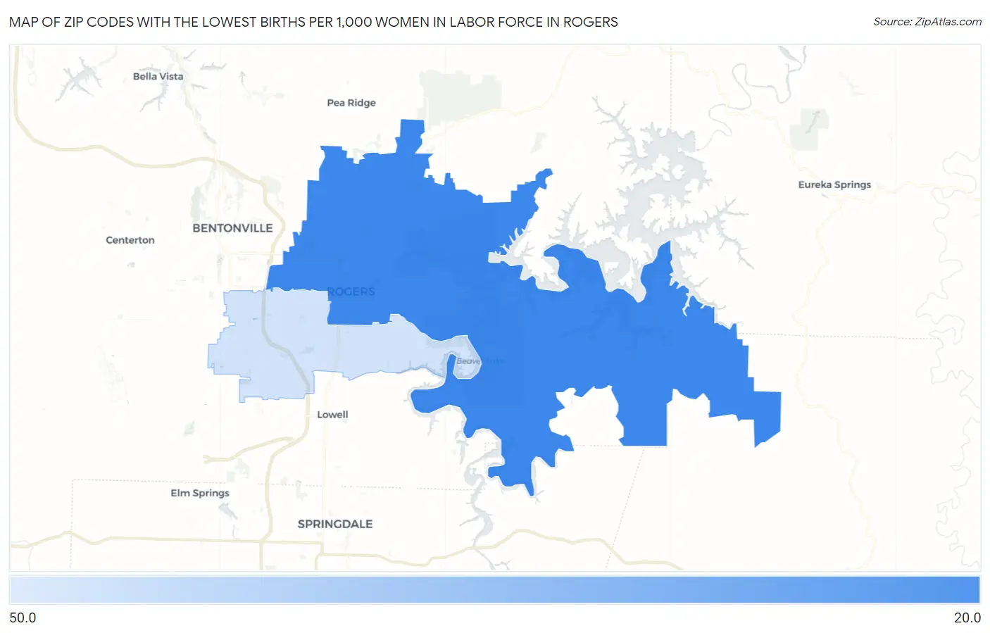 Zip Codes with the Lowest Births per 1,000 Women in Labor Force in Rogers Map
