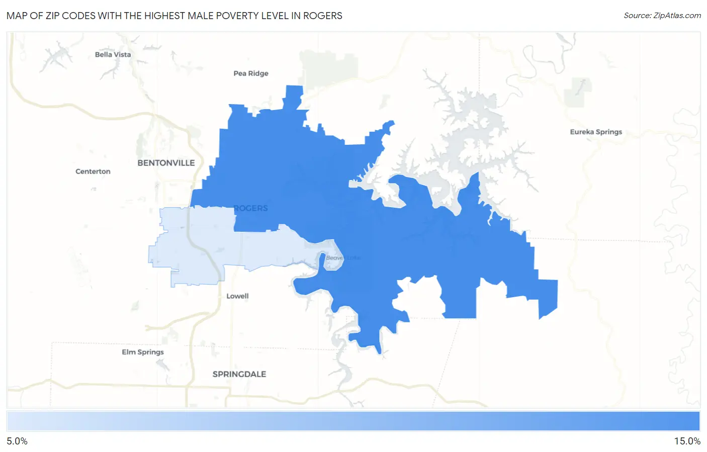 Zip Codes with the Highest Male Poverty Level in Rogers Map